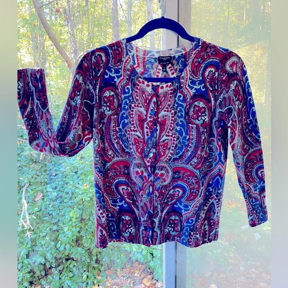 100% Merino wool paisley cardigan by Talbots blue pearl full button front.